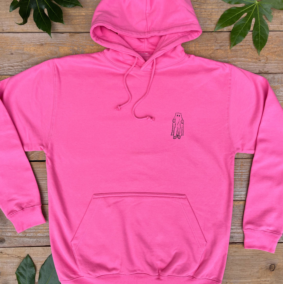 pink hoodie with bear ghost design