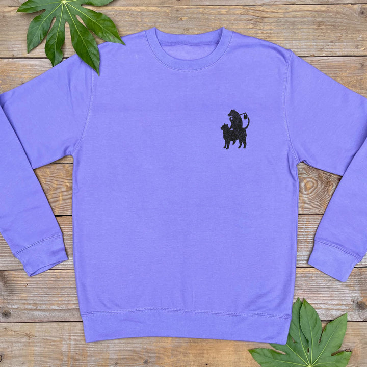 purple jumper with cat and bear pocket print