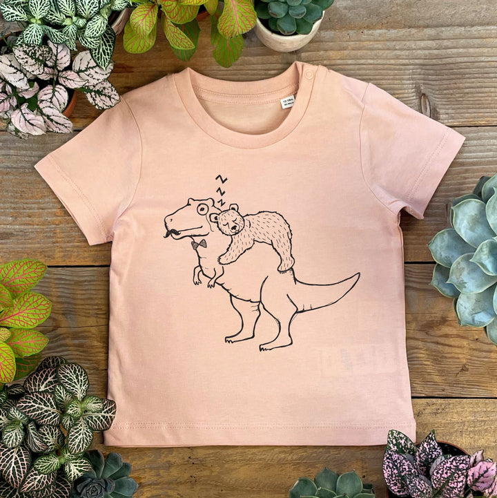 baby tee wirth bear asleep on dino print]