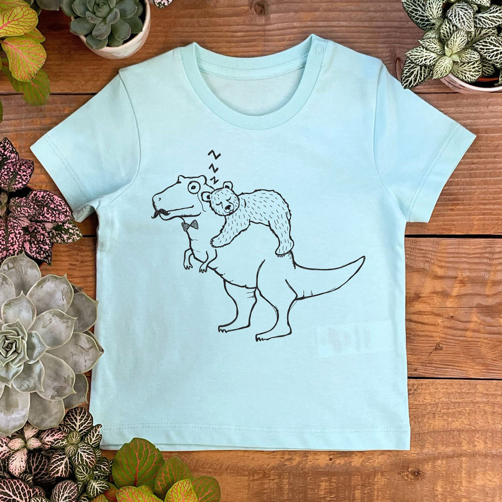 mint tshirt with bear asleep on dino