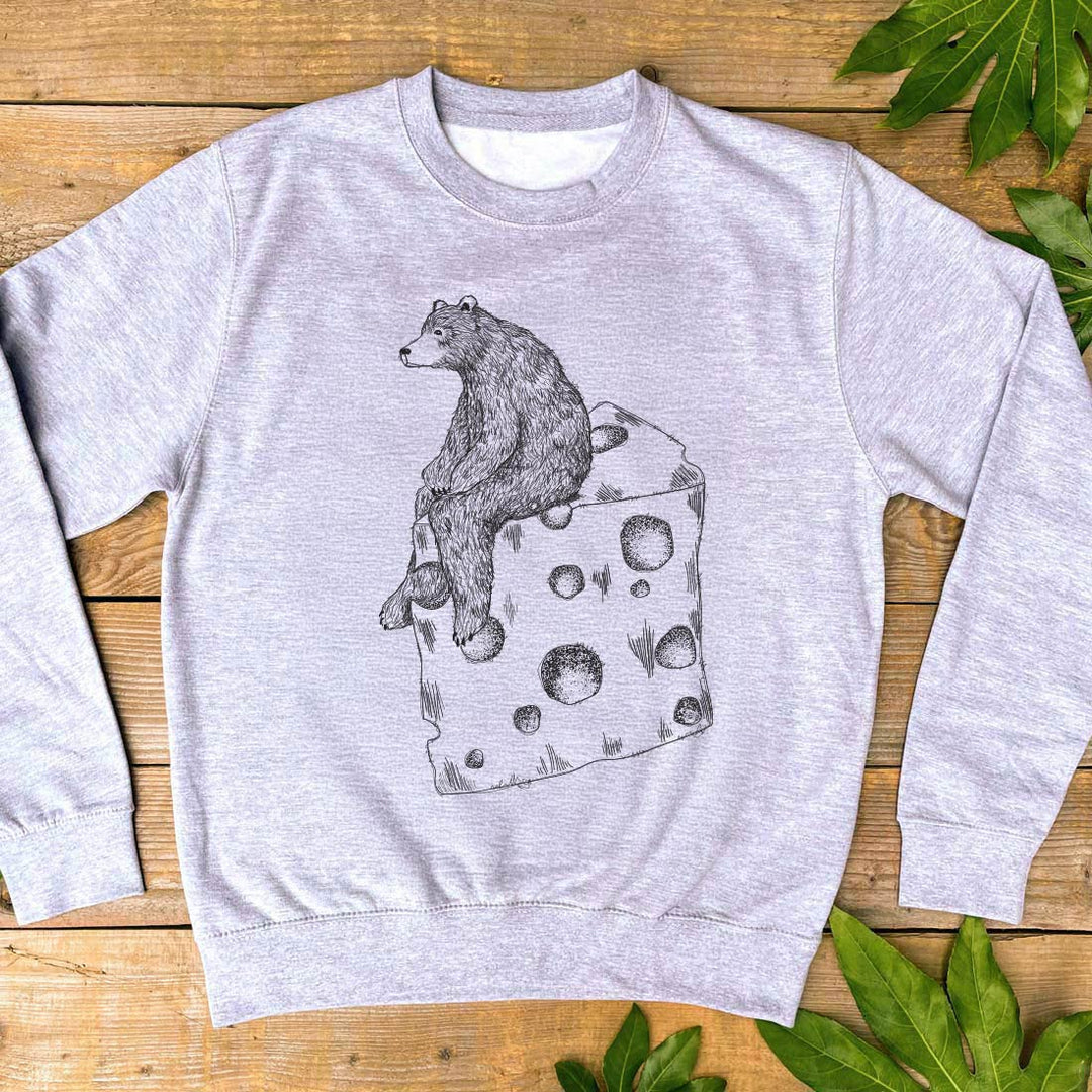 UNISEX JUMPER WITH BEAR SAT ON TOP OF CHEESE