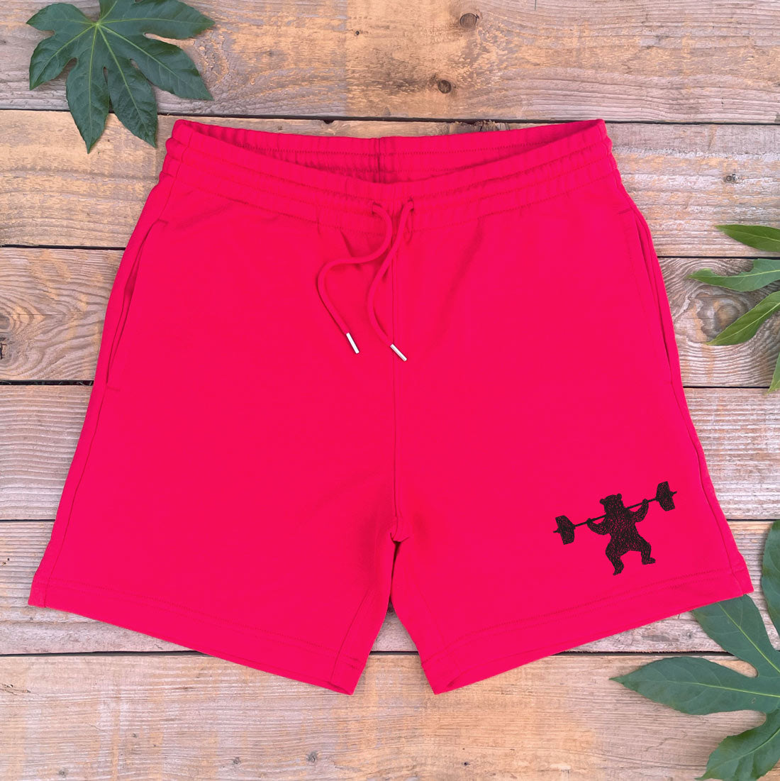 power lifting bear shorts in red