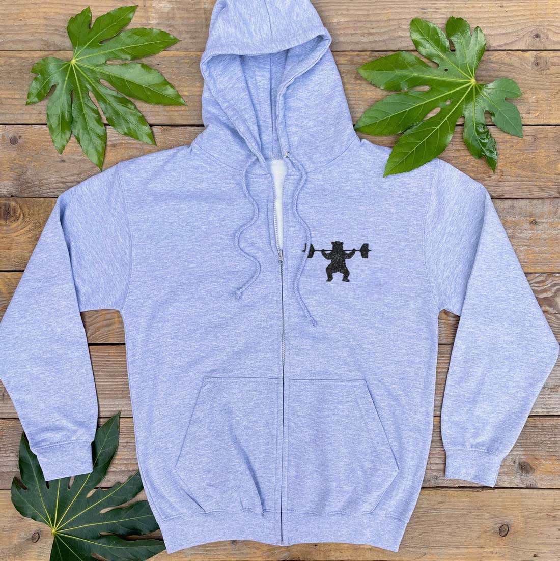 weight lifting bear hoodie grey