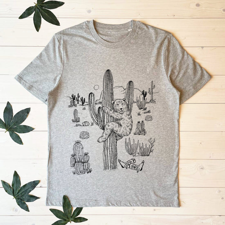 grey tee with bear and cactus