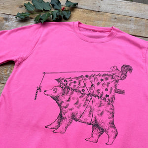 pink xmas jumper with squirrel and bear