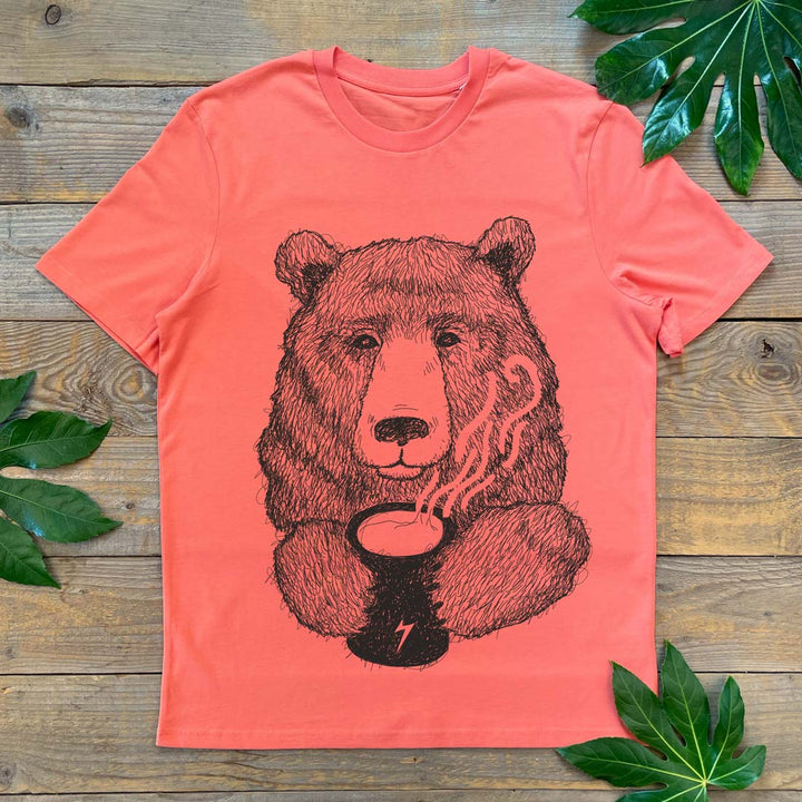 bear drinking coffee orange tee