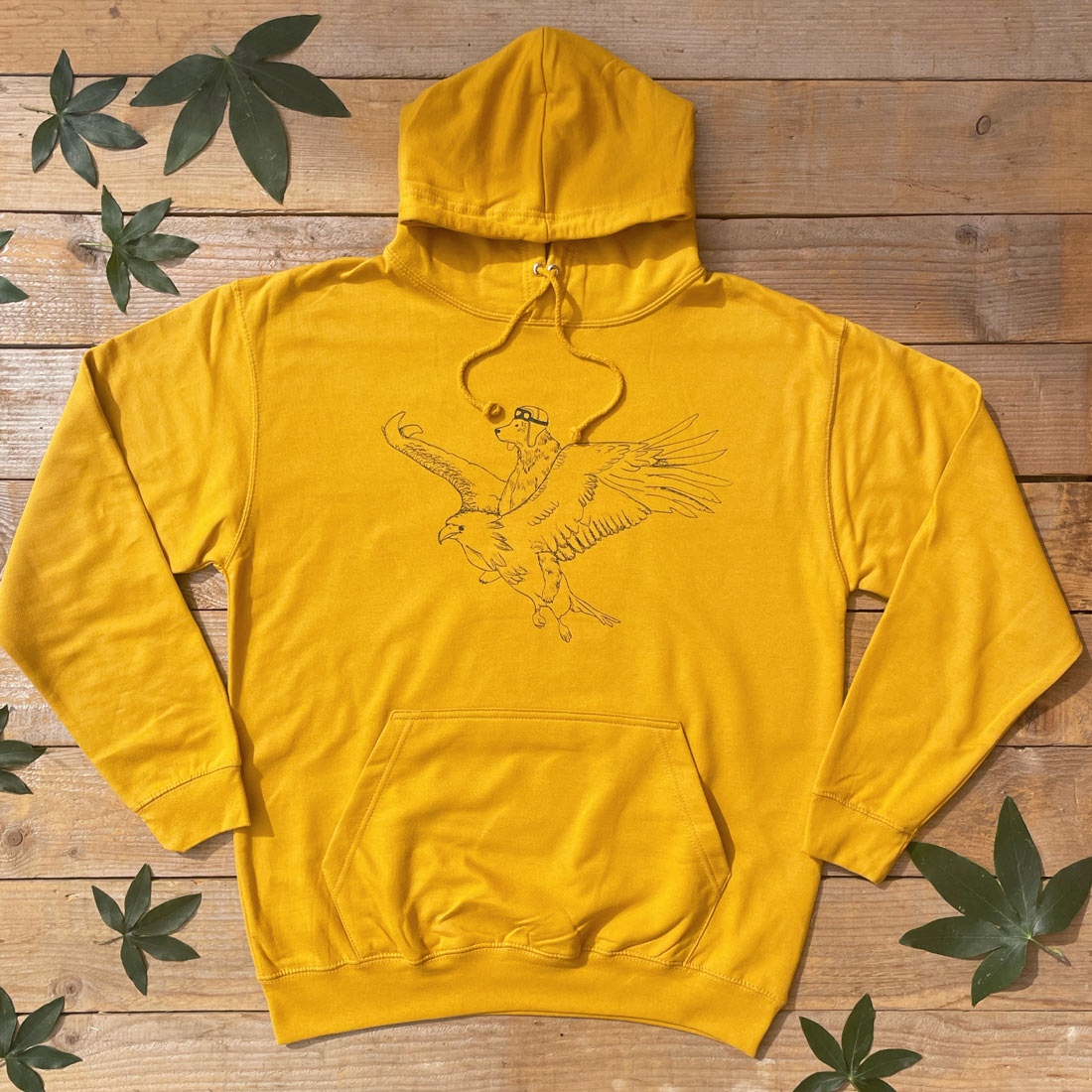 mustard hoodie with bear and eagle
