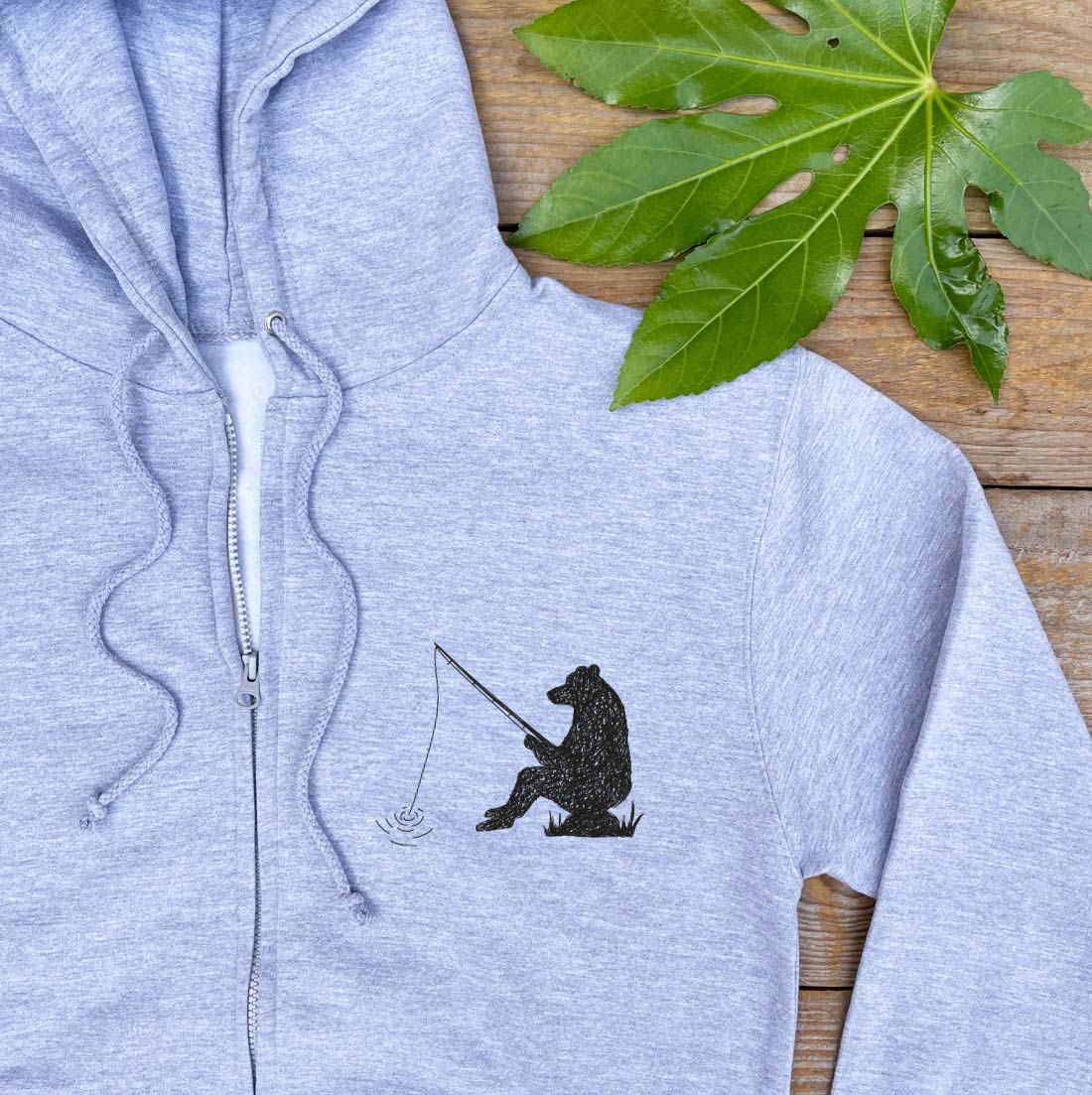 grey hoodie with fishing bear pocket print