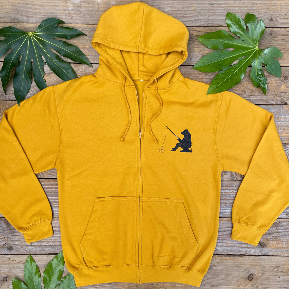 mustard hoodie with fishing bear print