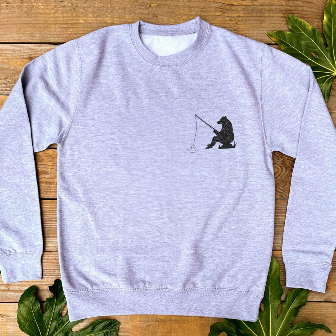 bear fishing grey jumper