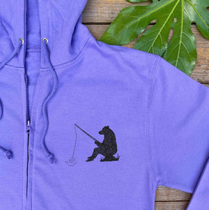 fishing bear pocket print on purple hoodie