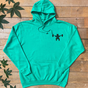 green hoodie weightlifting bear