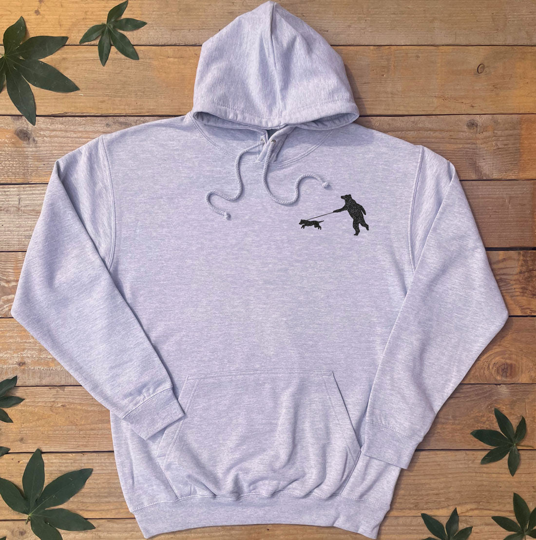 grey hoodie with bear and dog design