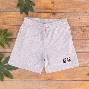 grey shorts with bear text