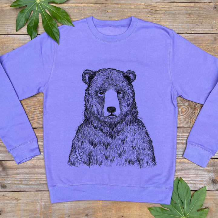 purple jumper with a grizzly bear on