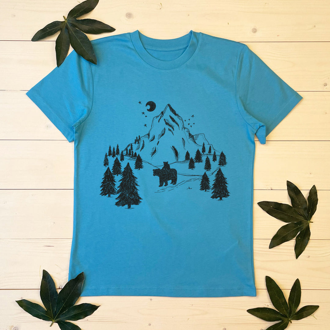 bear and mountain blue kids tee