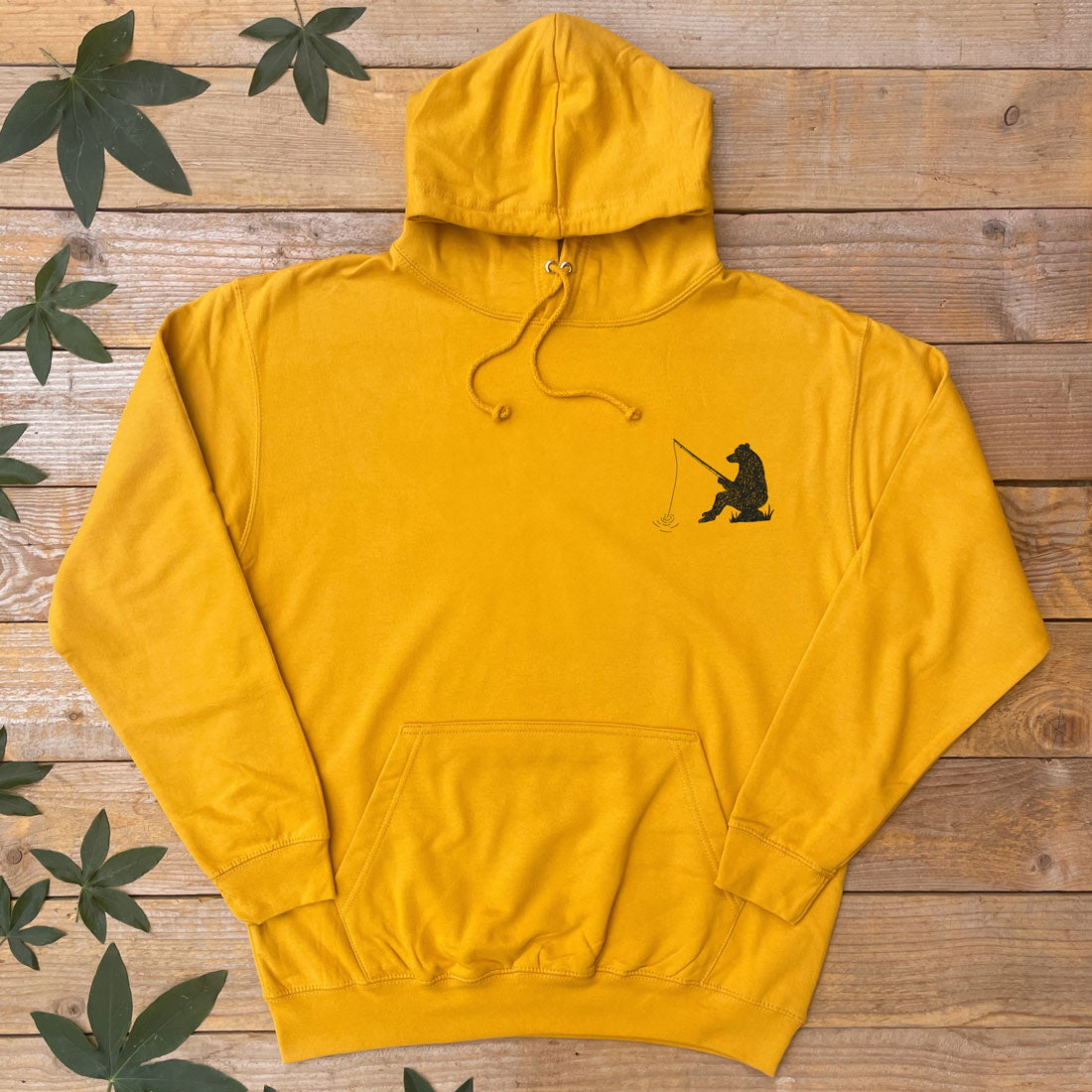 mustard hoodie with bear fishing