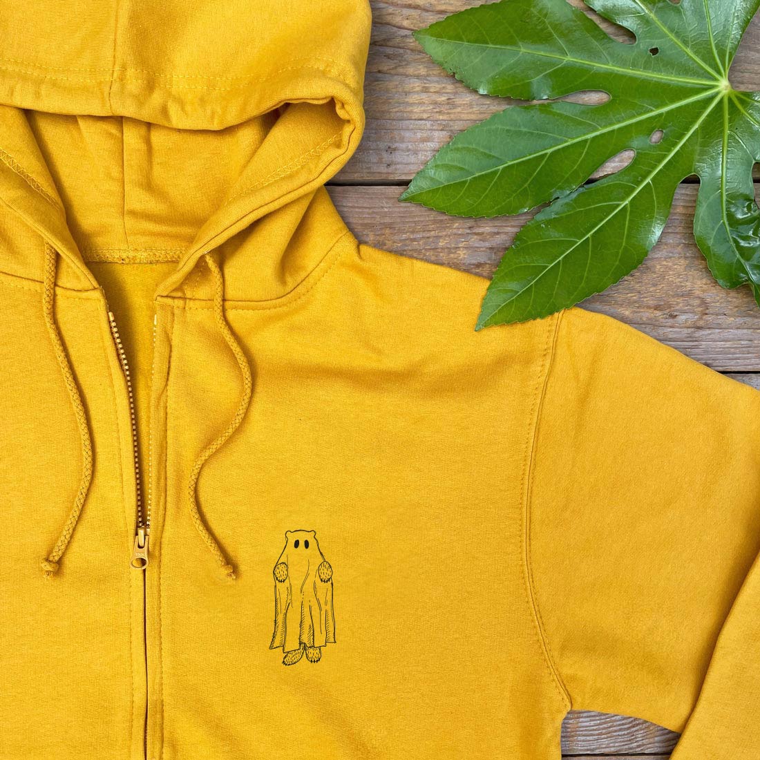 mustard zip up hoodie with bear ghost