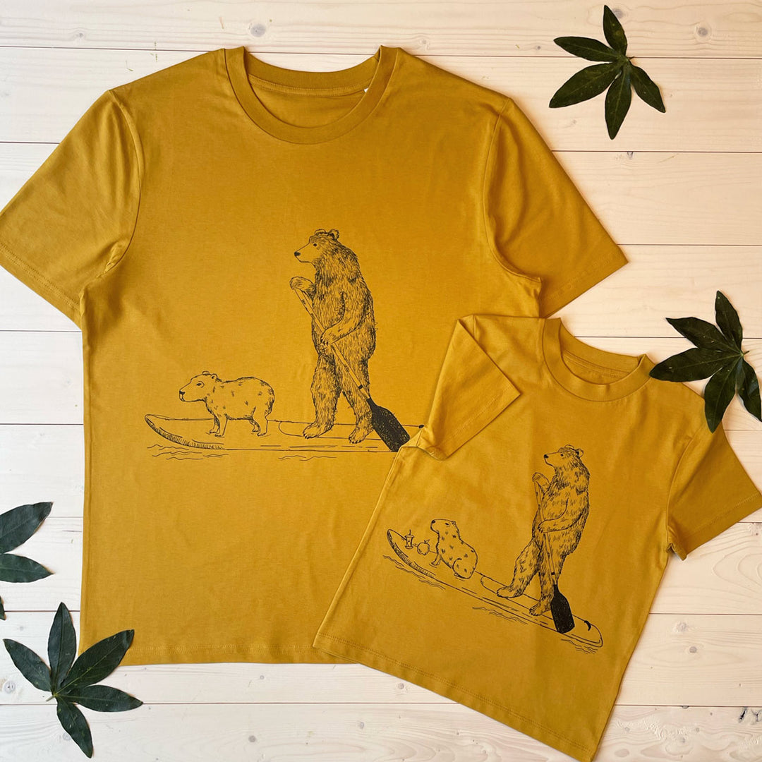 CAPYBARA AND BEAR ON PADDLE BOARD T-SHIRT SET MUSTARD