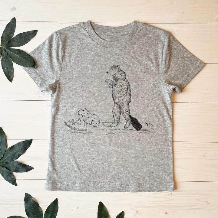 CAPYBARA AND BEAR ON PADDLE BOARD KID'S TEE GREY