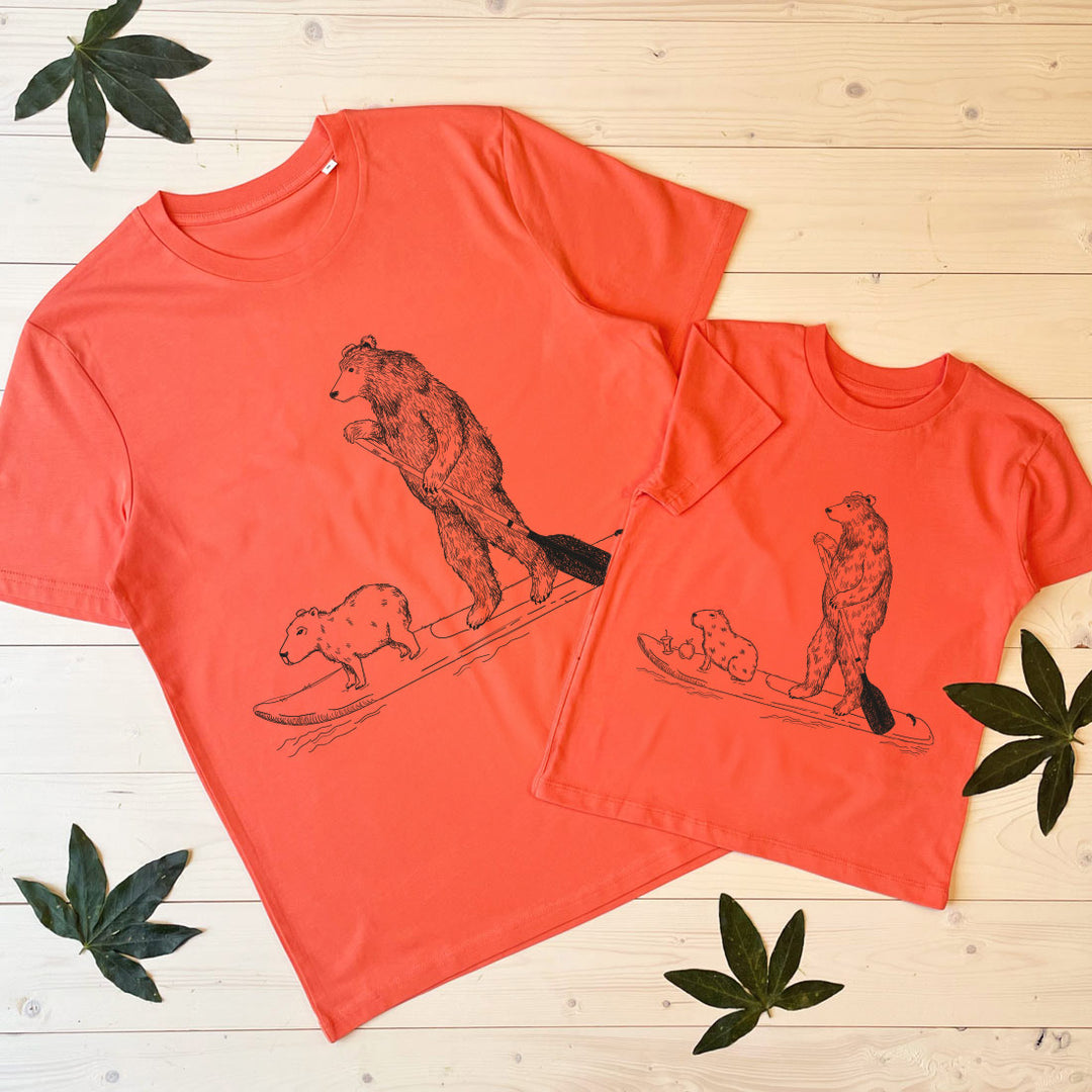 CAPYBARA AND BEAR ON PADDLE BOARD T-SHIRT SET HABANERO