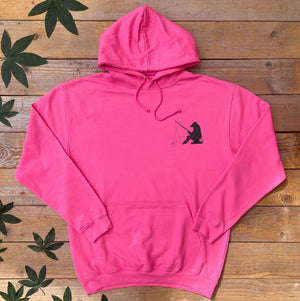 pink hoodie with bear and fishing rod