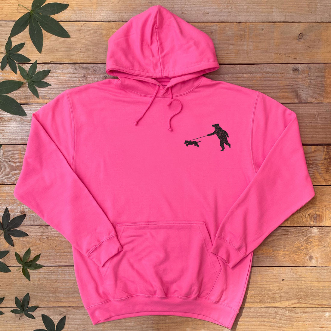 bear walking a dog pink hoodie