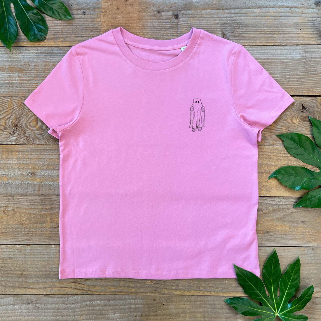 pink womens tee with bear ghost