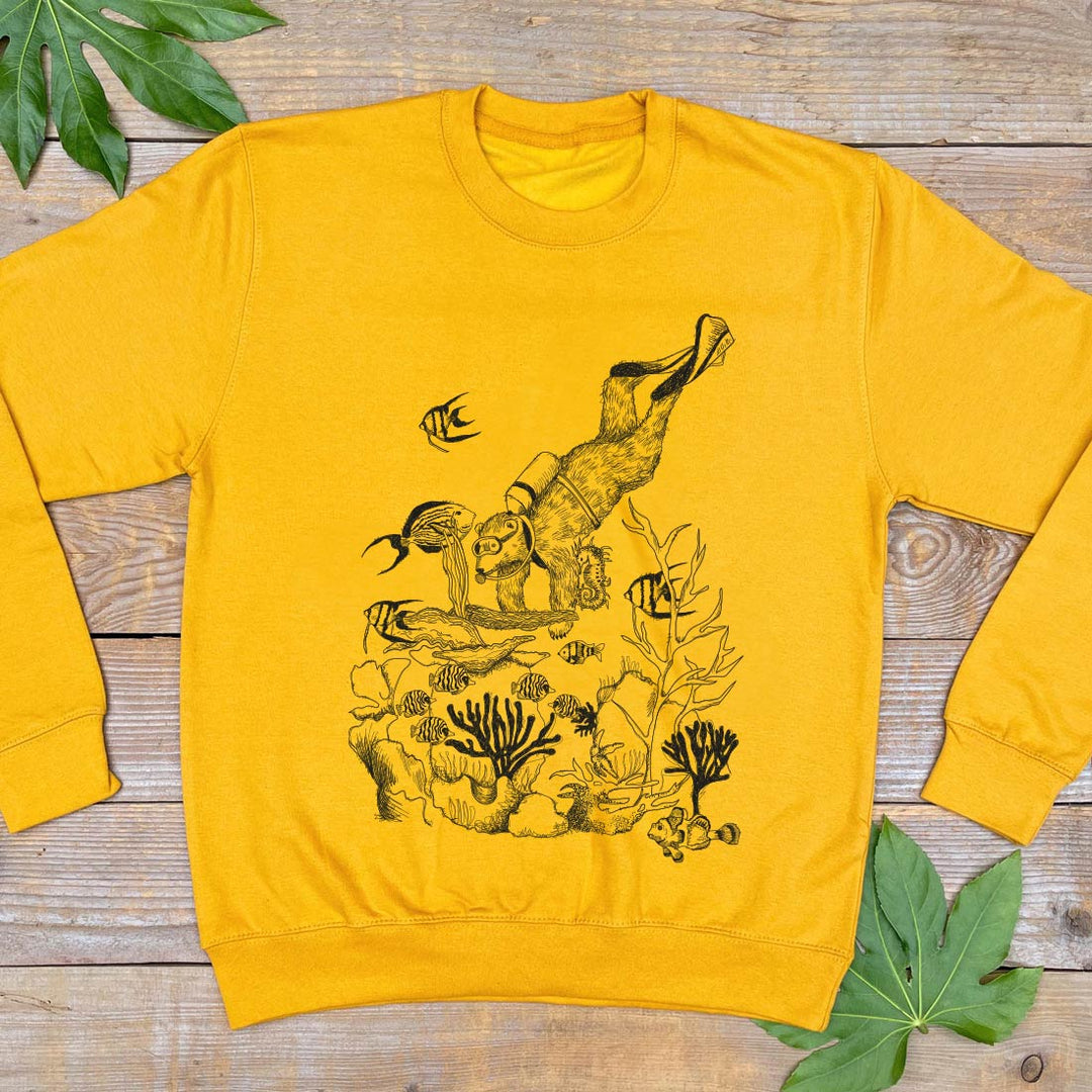 mustard jumper with bear scuba diving