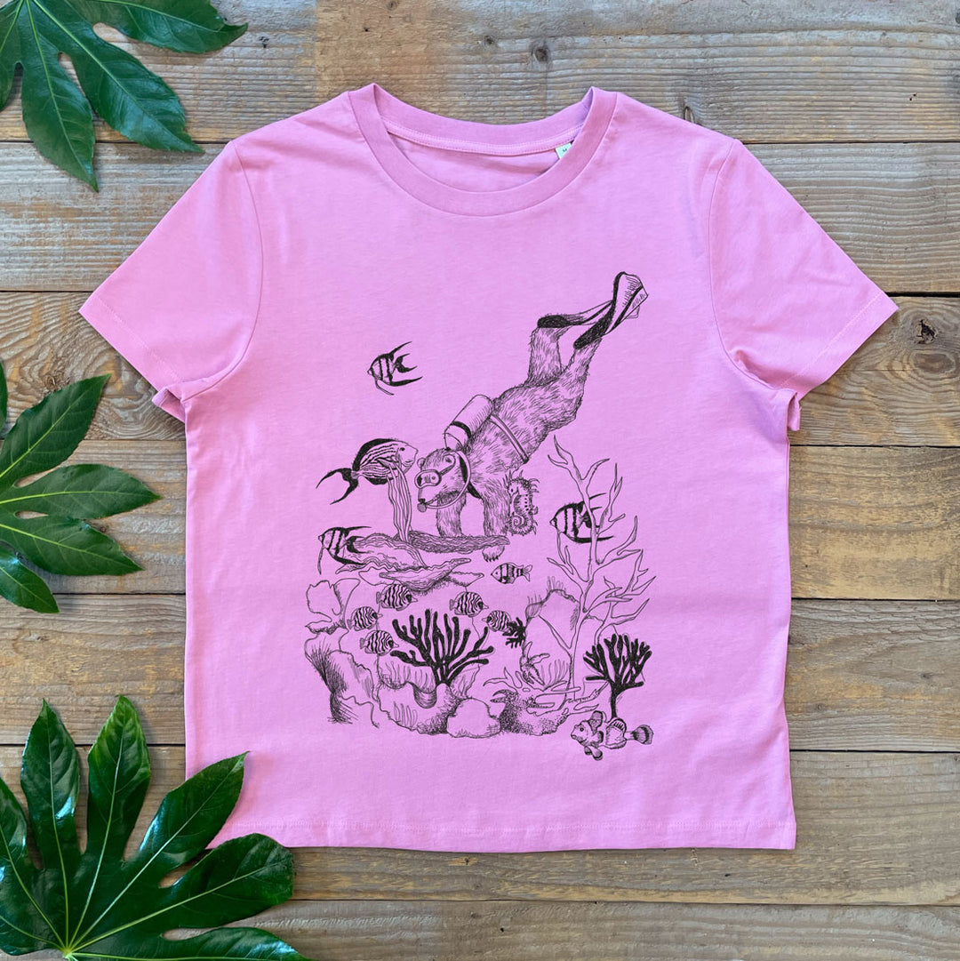 pink womens tee with bear scuba diving