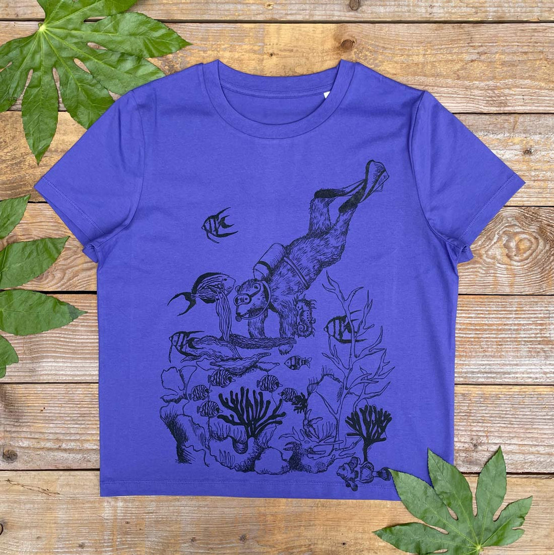 bear scuba diving purple womens tee