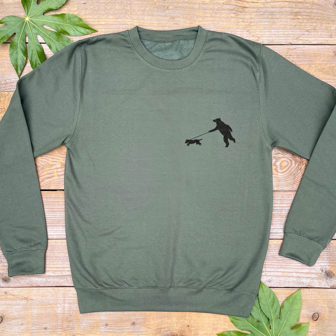 bear walking a dog jumper khaki