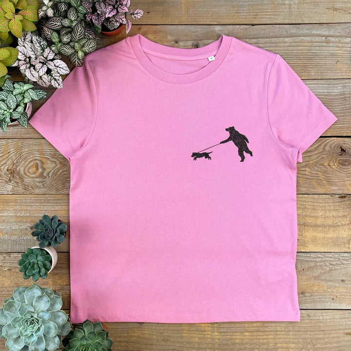 womens pink tee with bear walking dog