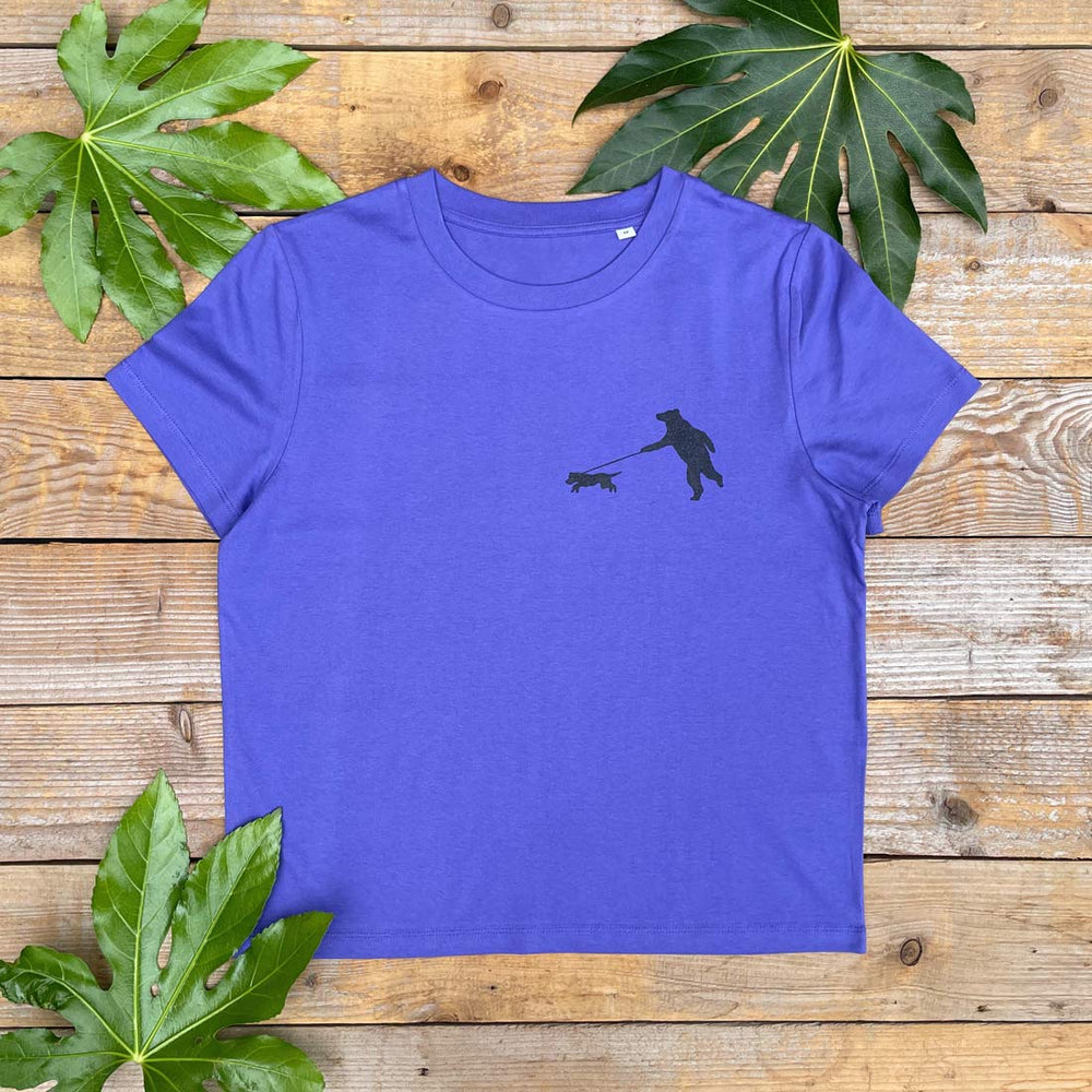 bear walking dog purple womens tee