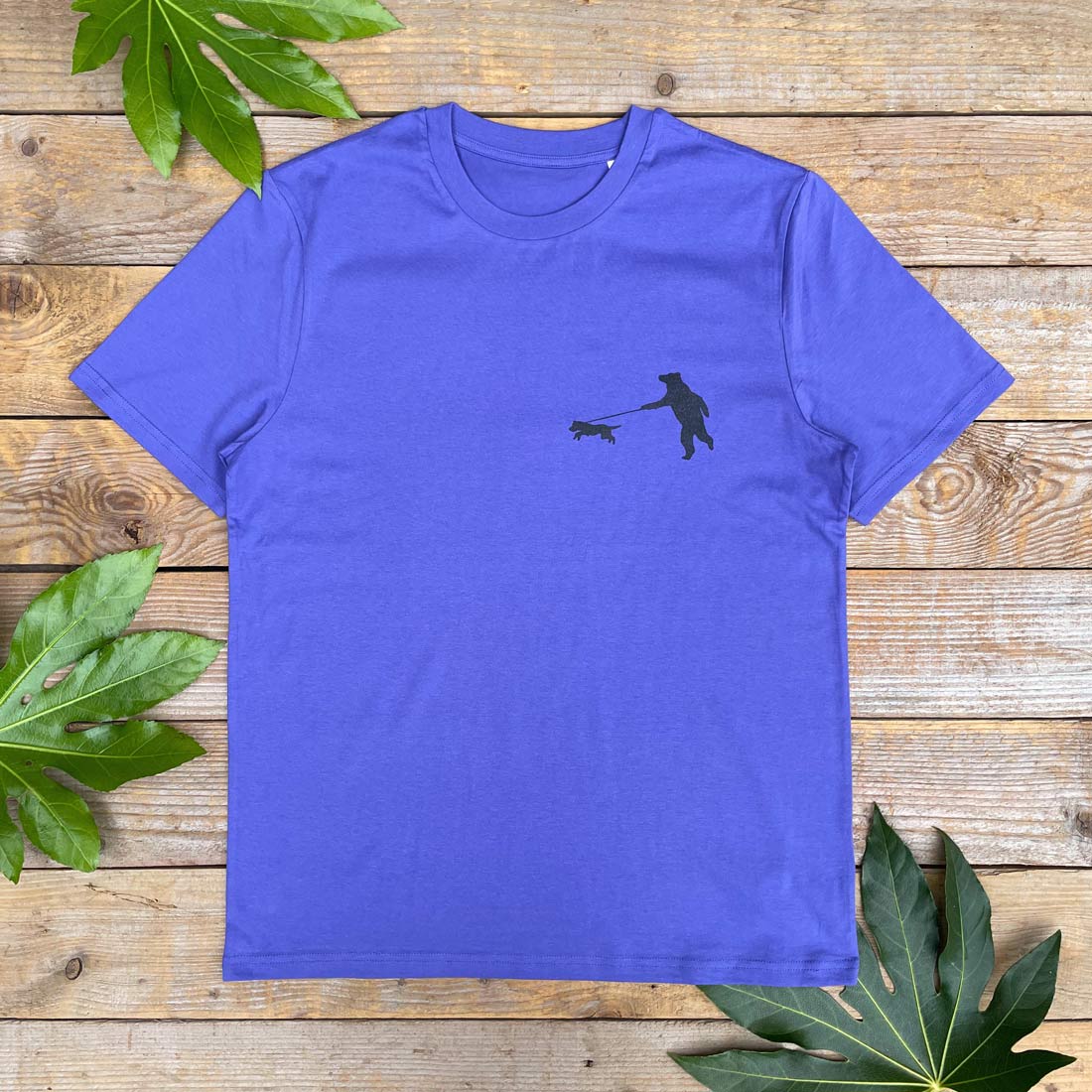 bear walking a dog purple tshirt