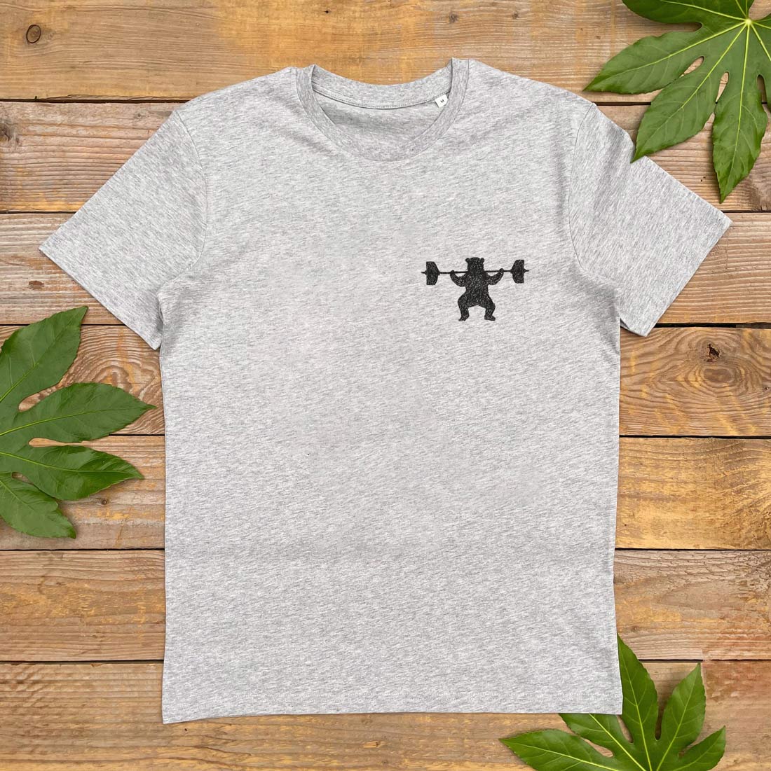 grey t-shirt with a weight lifting bear