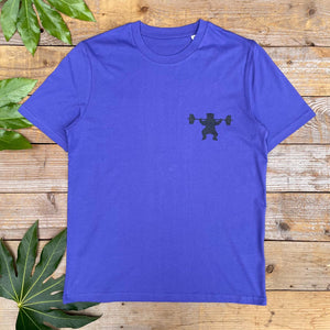 purple tee with bear lifting weights