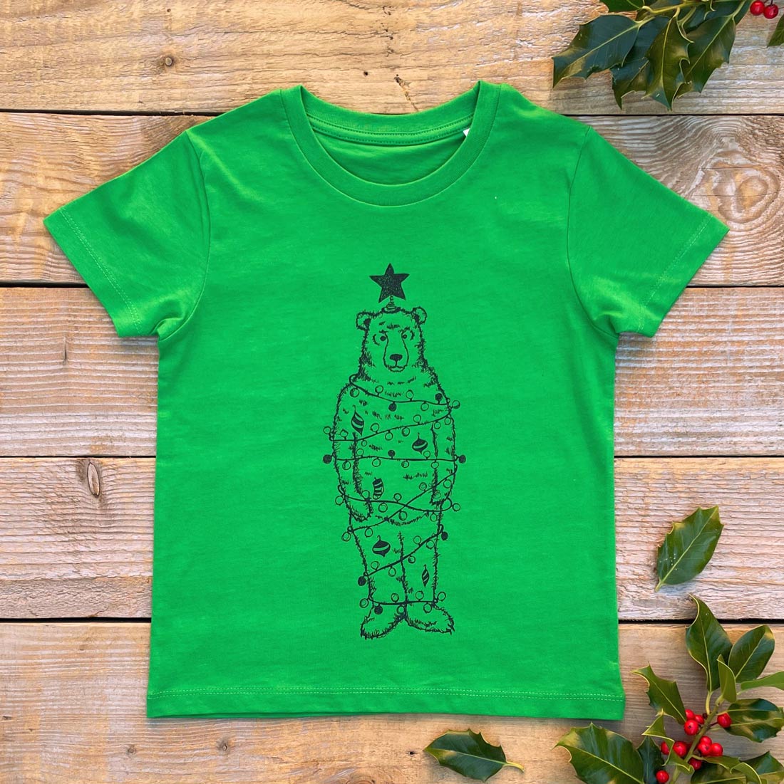 green christams tree bear tee kids